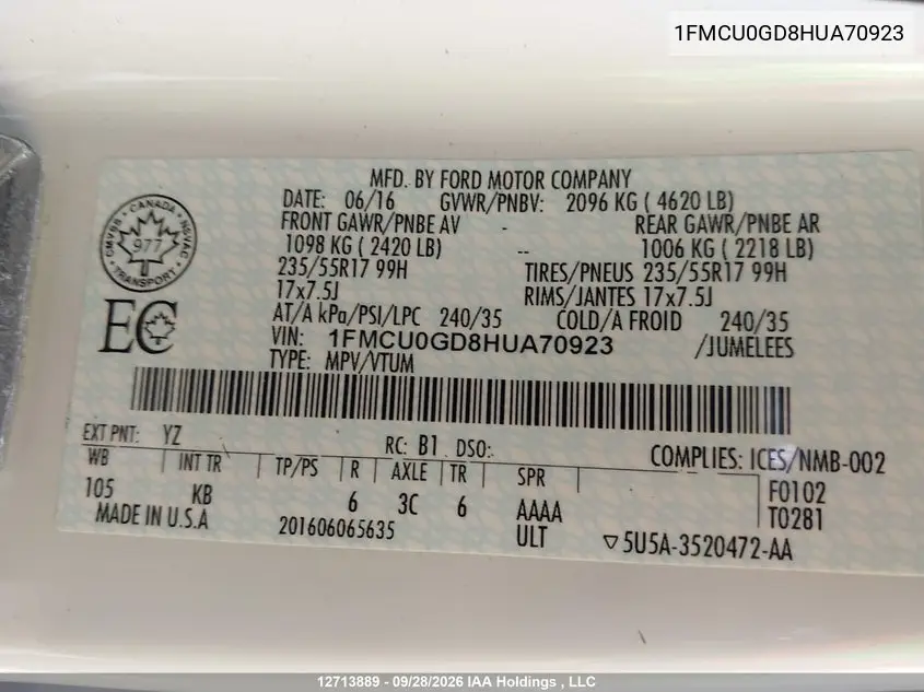 2017 FORD ESCAPE VIN 1FMCU0GD8HUA70923 — фото 9