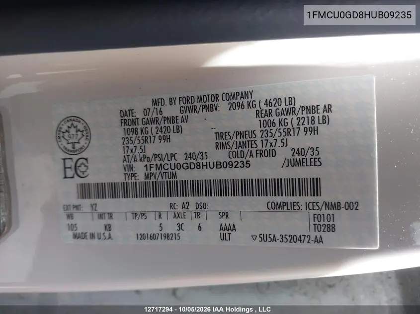 2017 FORD ESCAPE VIN 1FMCU0GD8HUB09235 — фото 19