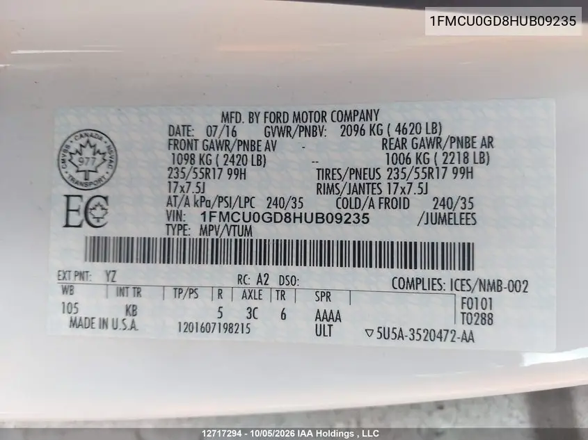 2017 FORD ESCAPE VIN 1FMCU0GD8HUB09235 — фото 9