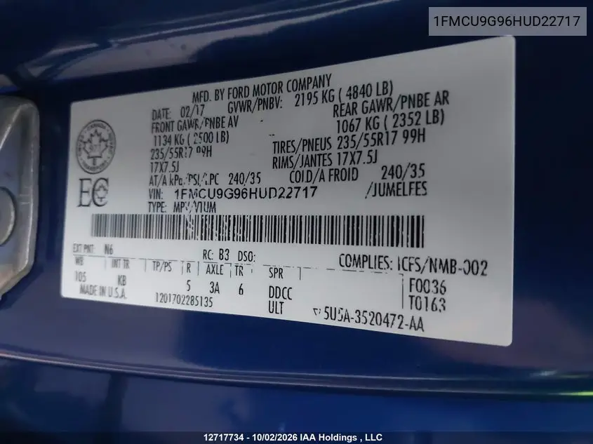 2017 FORD ESCAPE VIN 1FMCU9G96HUD22717 — фото 21