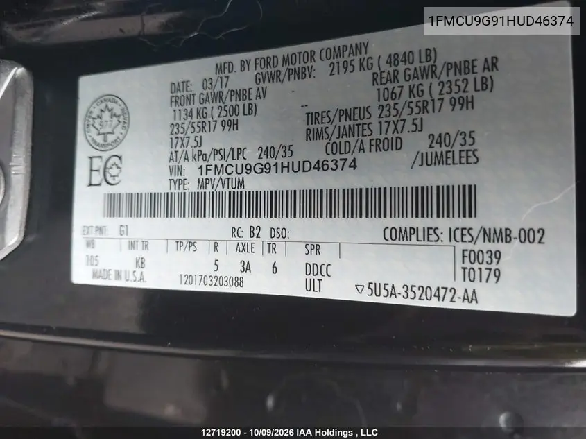 2017 FORD ESCAPE VIN 1FMCU9G91HUD46374 — фото 18