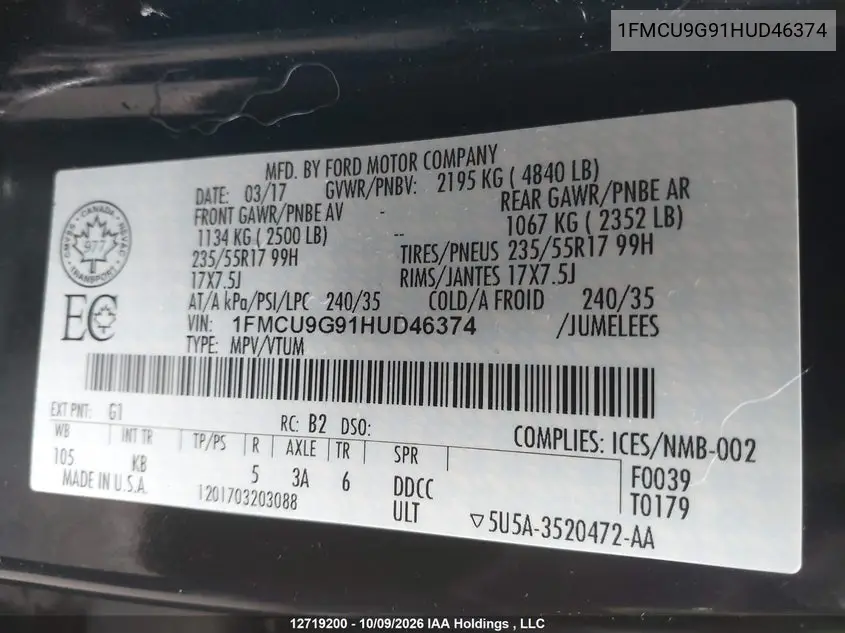 2017 FORD ESCAPE VIN 1FMCU9G91HUD46374 — фото 9