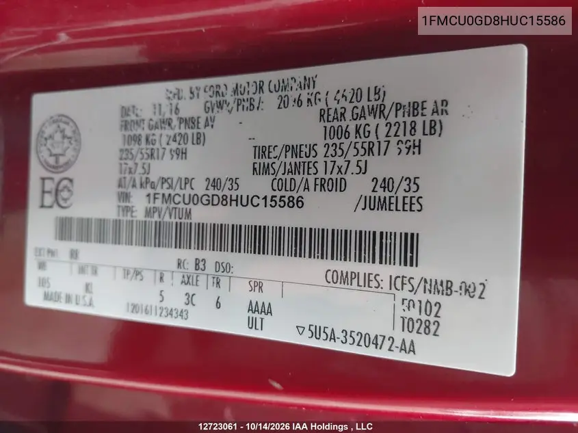 2017 FORD ESCAPE VIN 1FMCU0GD8HUC15586 — фото 9