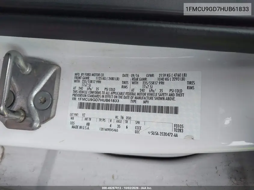 2017 FORD ESCAPE VIN 1FMCU9GD7HUB61833 — фото 9