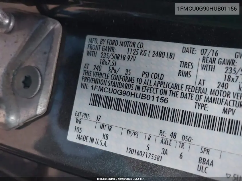 2017 FORD ESCAPE VIN 1FMCU0G90HUB01156 — фото 9