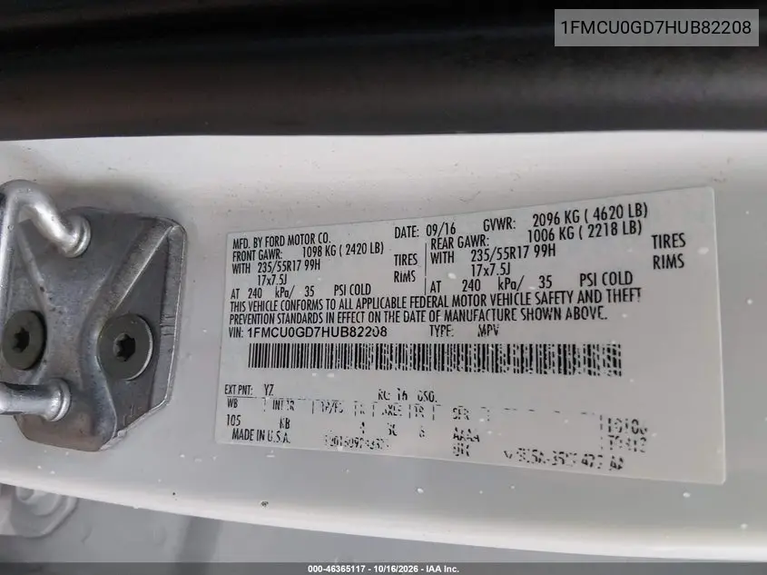 2017 FORD ESCAPE VIN 1FMCU0GD7HUB82208 — фото 9