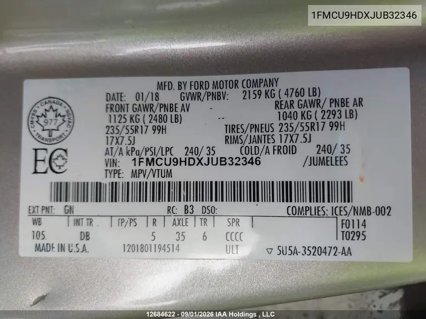 2018 FORD ESCAPE VIN 1FMCU9HDXJUB32346 — фото 23