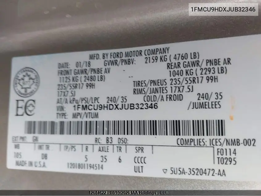 2018 FORD ESCAPE VIN 1FMCU9HDXJUB32346 — фото 9