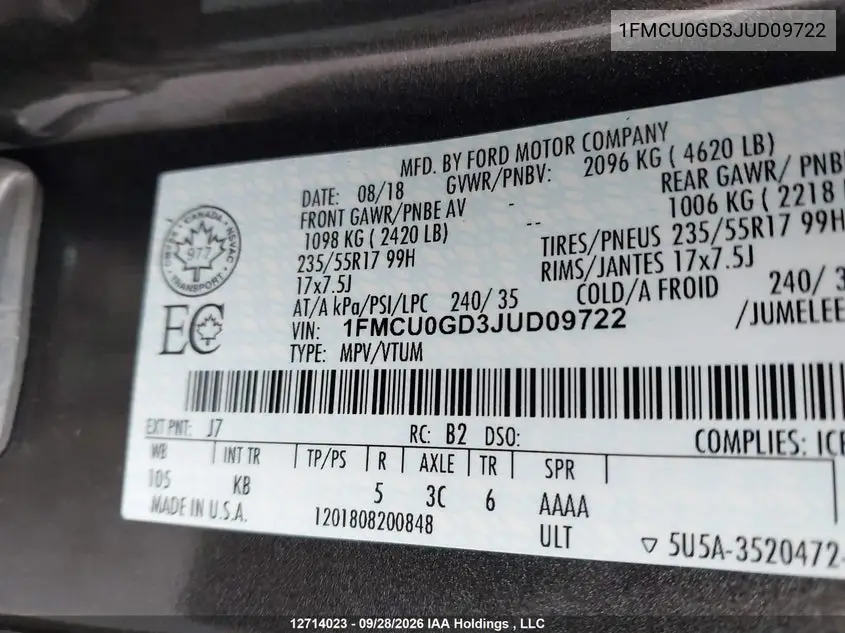 2018 FORD ESCAPE VIN 1FMCU0GD3JUD09722 — фото 19