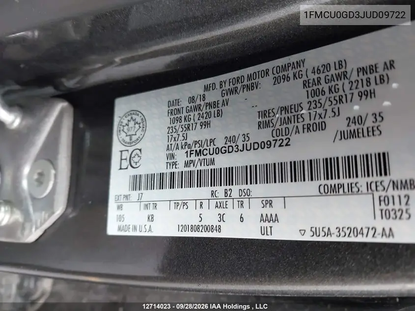 2018 FORD ESCAPE VIN 1FMCU0GD3JUD09722 — фото 9