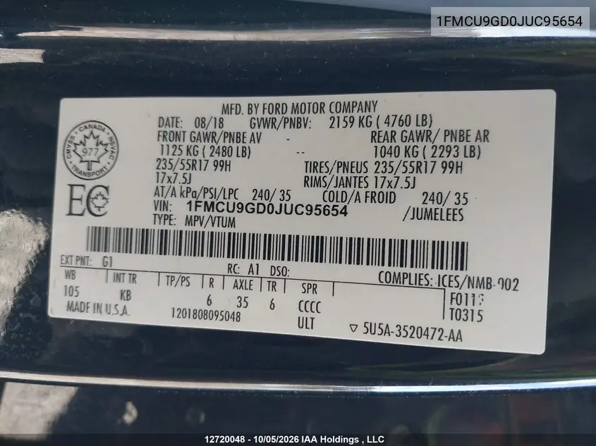 2018 FORD ESCAPE VIN 1FMCU9GD0JUC95654 — фото 9