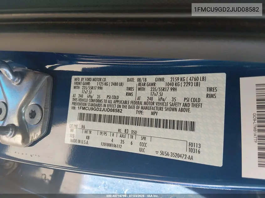 2018 FORD ESCAPE VIN 1FMCU9GD2JUD08582 — фото 4