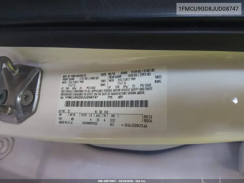 2018 FORD ESCAPE VIN 1FMCU9GD8JUD08747 — фото 9