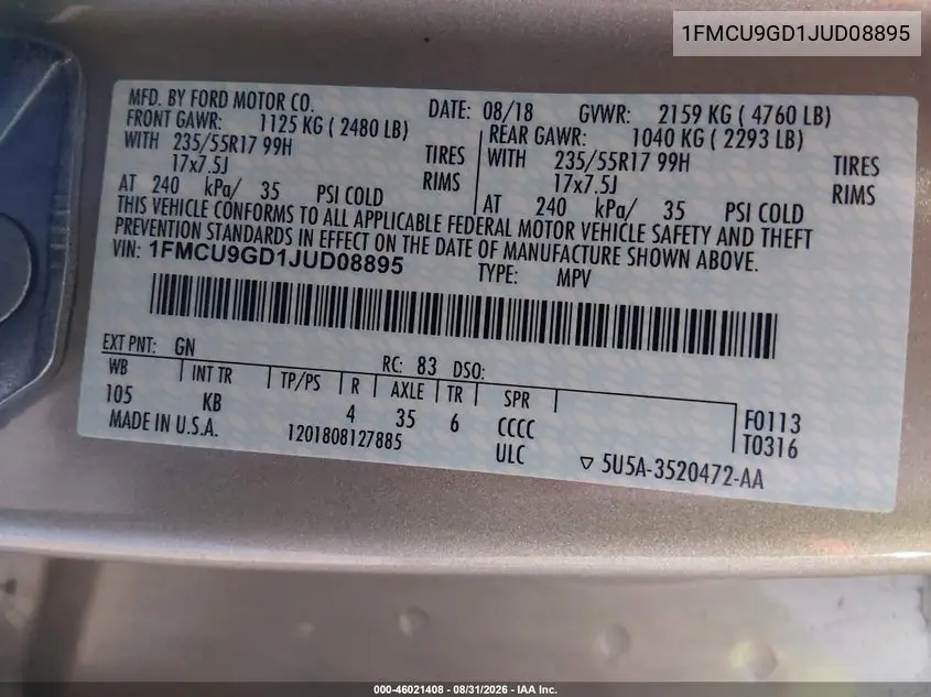 2018 FORD ESCAPE VIN 1FMCU9GD1JUD08895 — фото 9