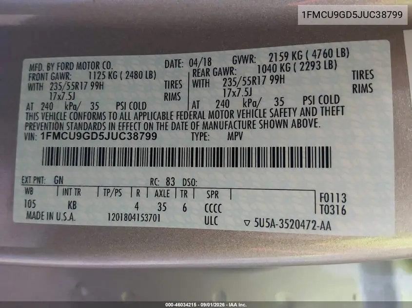 2018 FORD ESCAPE VIN 1FMCU9GD5JUC38799 — фото 9
