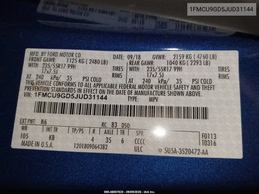 FORD ESCAPE 2018, VIN 1FMCU9GD5JUD31144