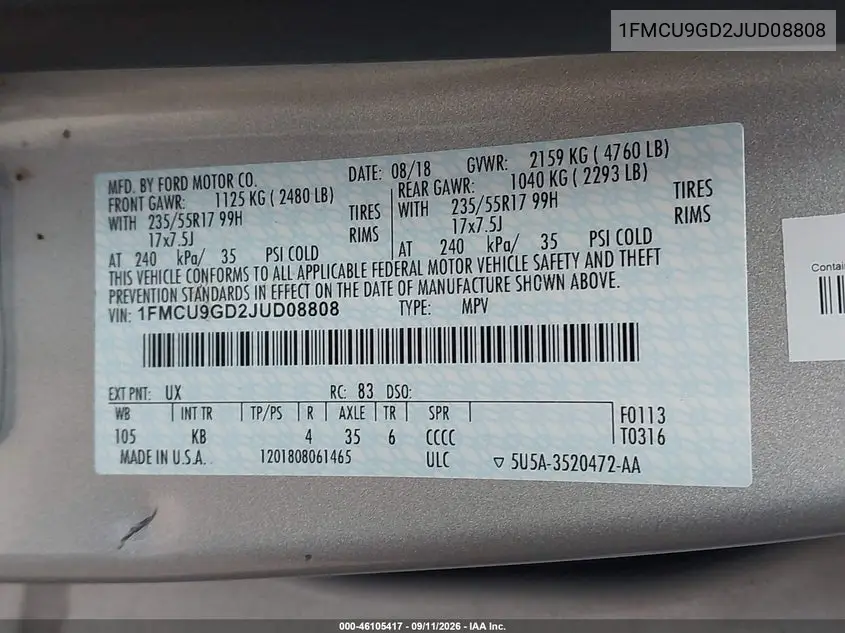2018 FORD ESCAPE VIN 1FMCU9GD2JUD08808 — фото 9