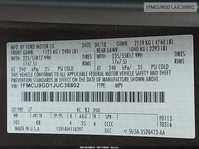 2018 FORD ESCAPE VIN 1FMCU9GD1JUC38802 — фото 9