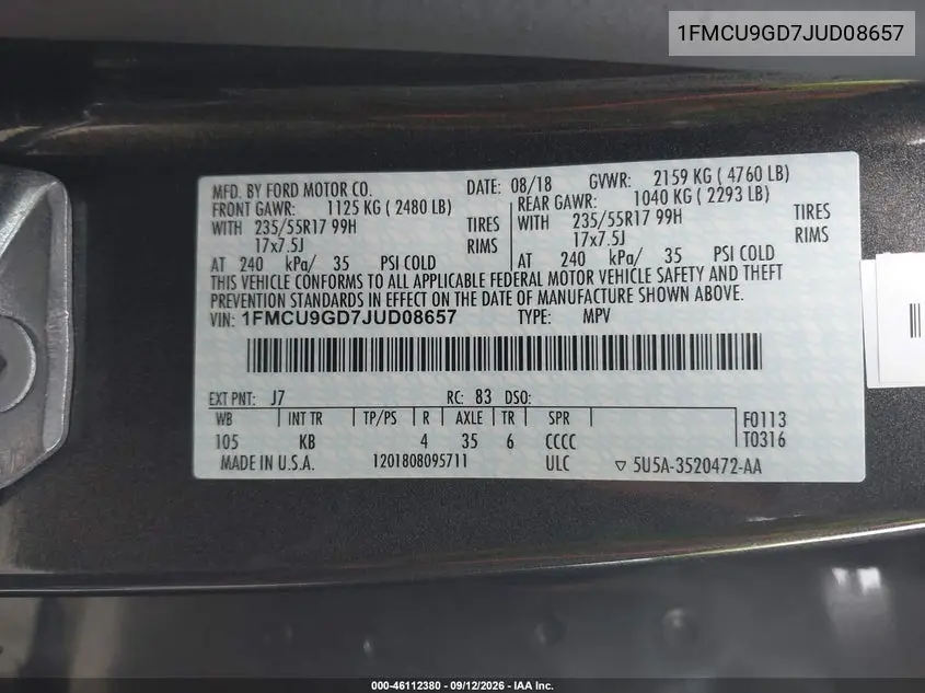 2018 FORD ESCAPE VIN 1FMCU9GD7JUD08657 — фото 11