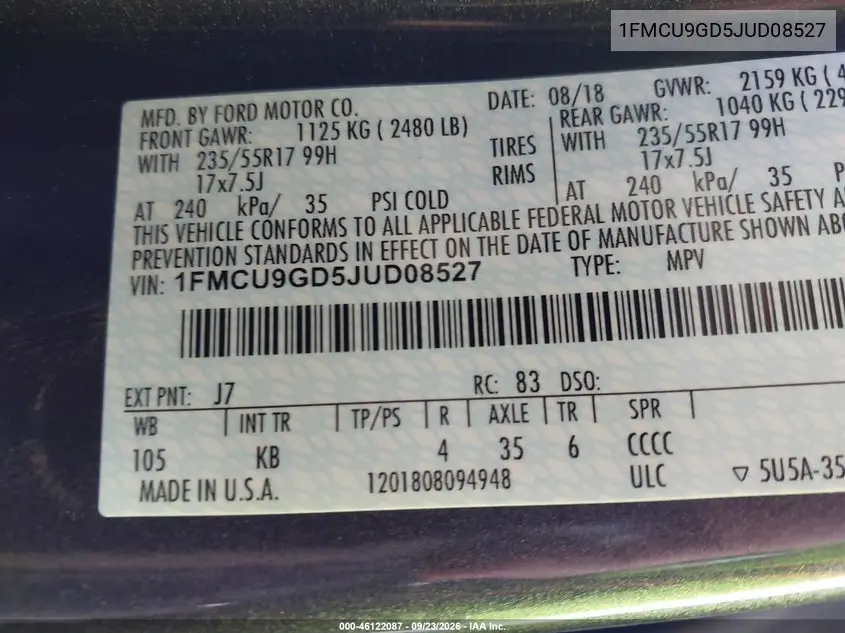 2018 FORD ESCAPE VIN 1FMCU9GD5JUD08527 — фото 9