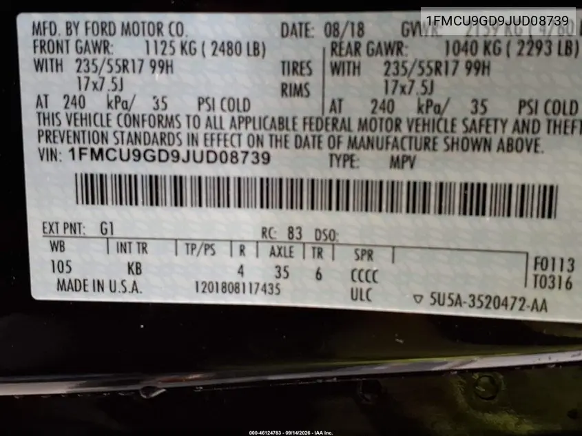 2018 FORD ESCAPE VIN 1FMCU9GD9JUD08739 — фото 9