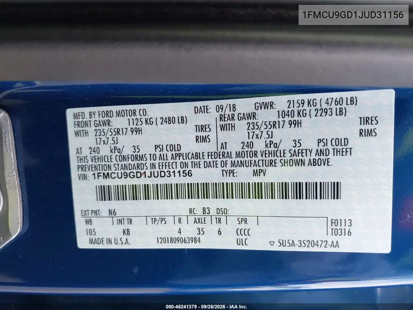 2018 FORD ESCAPE VIN 1FMCU9GD1JUD31156 — фото 9