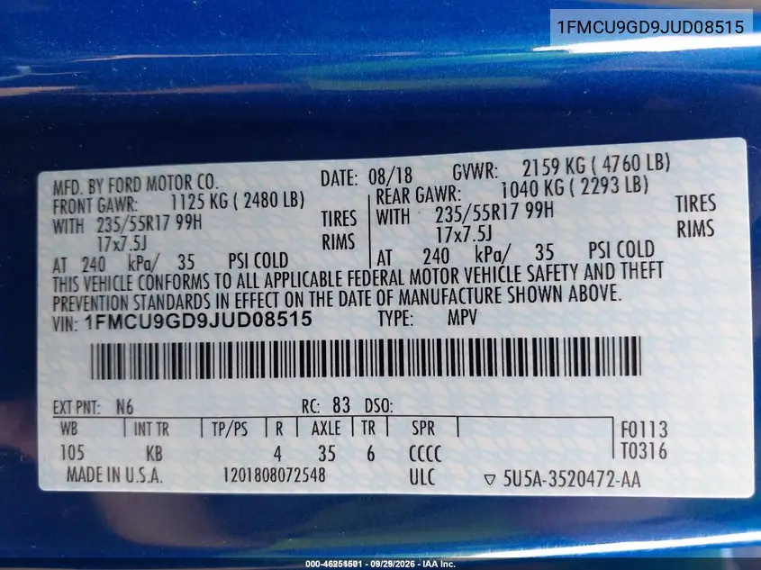 2018 FORD ESCAPE VIN 1FMCU9GD9JUD08515 — фото 9