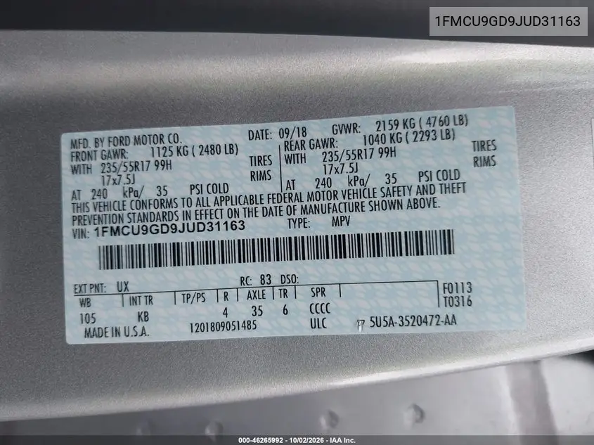 2018 FORD ESCAPE VIN 1FMCU9GD9JUD31163 — фото 9