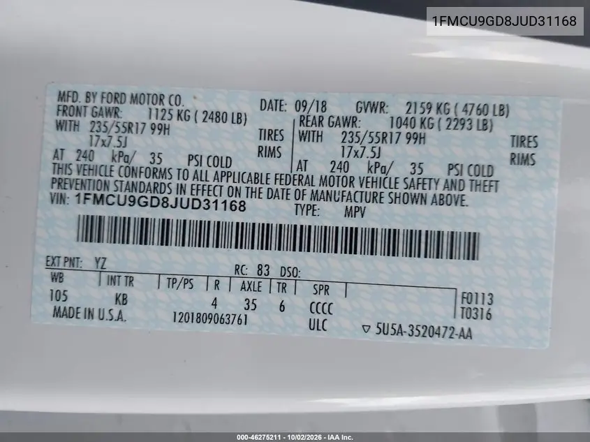 2018 FORD ESCAPE VIN 1FMCU9GD8JUD31168 — фото 9
