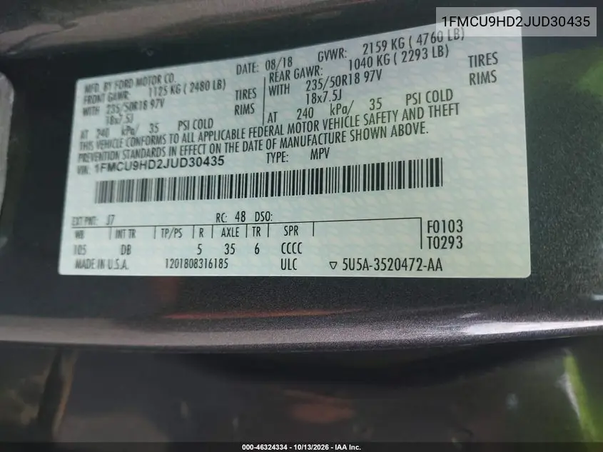 2018 FORD ESCAPE VIN 1FMCU9HD2JUD30435 — фото 9