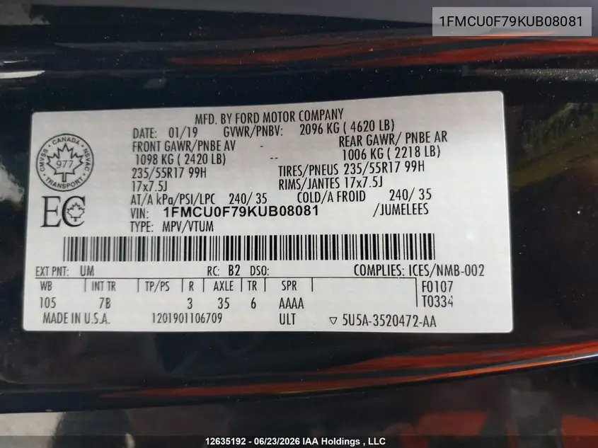 2019 FORD ESCAPE VIN 1FMCU0F79KUB08081 — фото 19