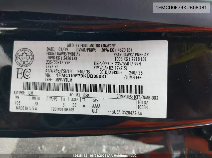 2019 FORD ESCAPE VIN 1FMCU0F79KUB08081 — фото 9