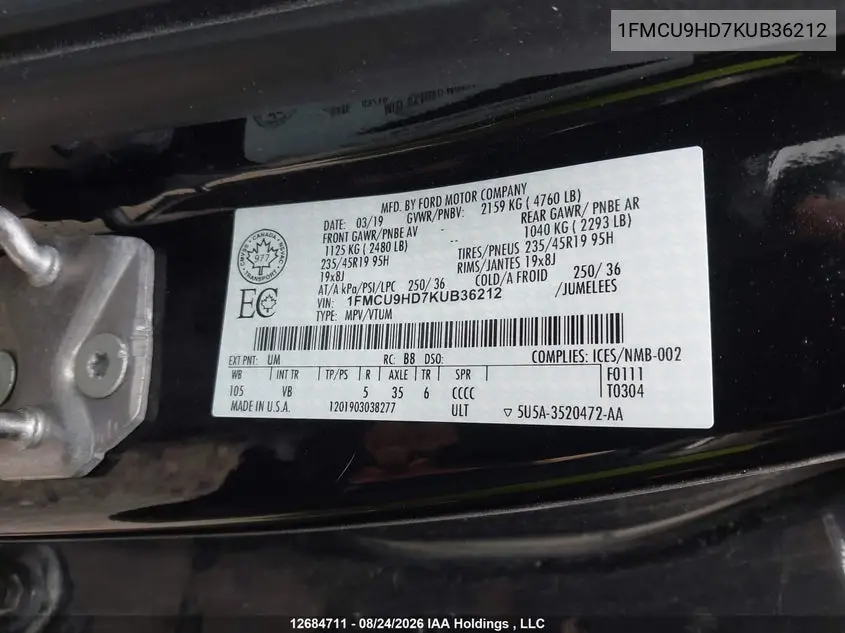 2019 FORD ESCAPE VIN 1FMCU9HD7KUB36212 — фото 9