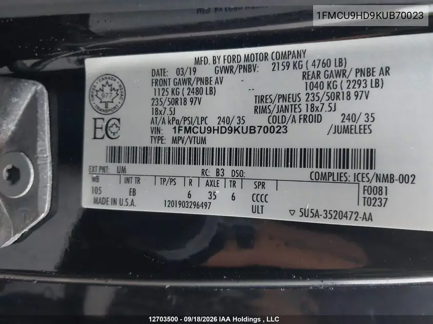 2019 FORD ESCAPE VIN 1FMCU9HD9KUB70023 — фото 21