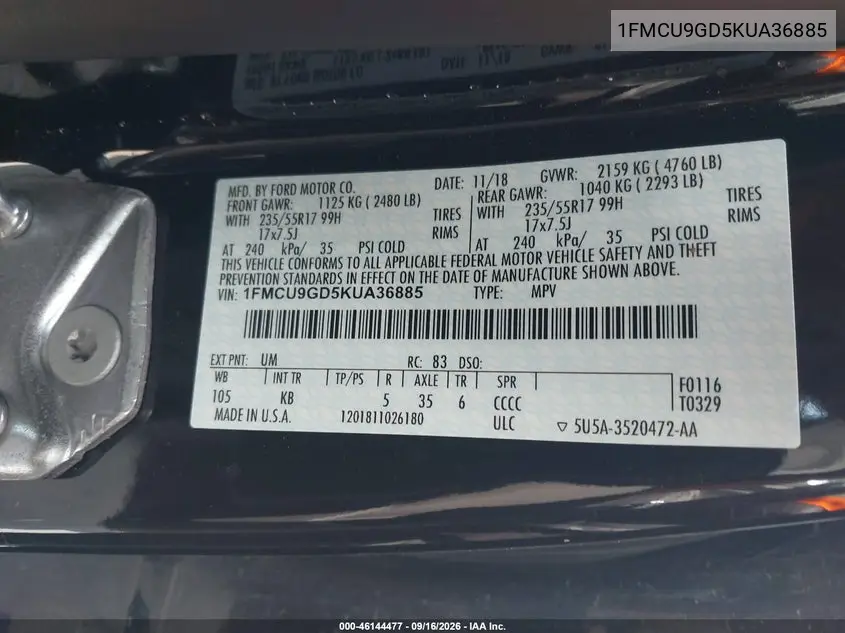 2019 FORD ESCAPE VIN 1FMCU9GD5KUA36885 — фото 9