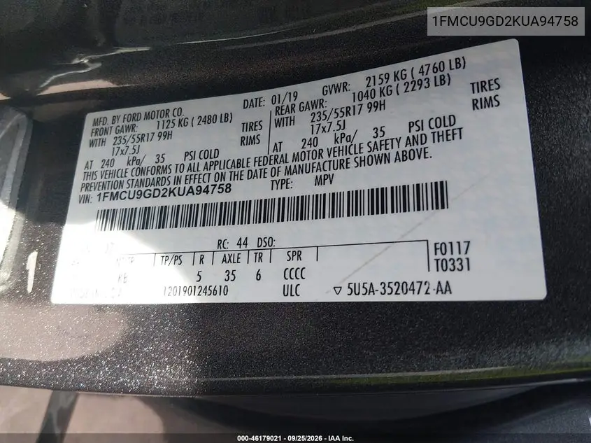 2019 FORD ESCAPE VIN 1FMCU9GD2KUA94758 — фото 9
