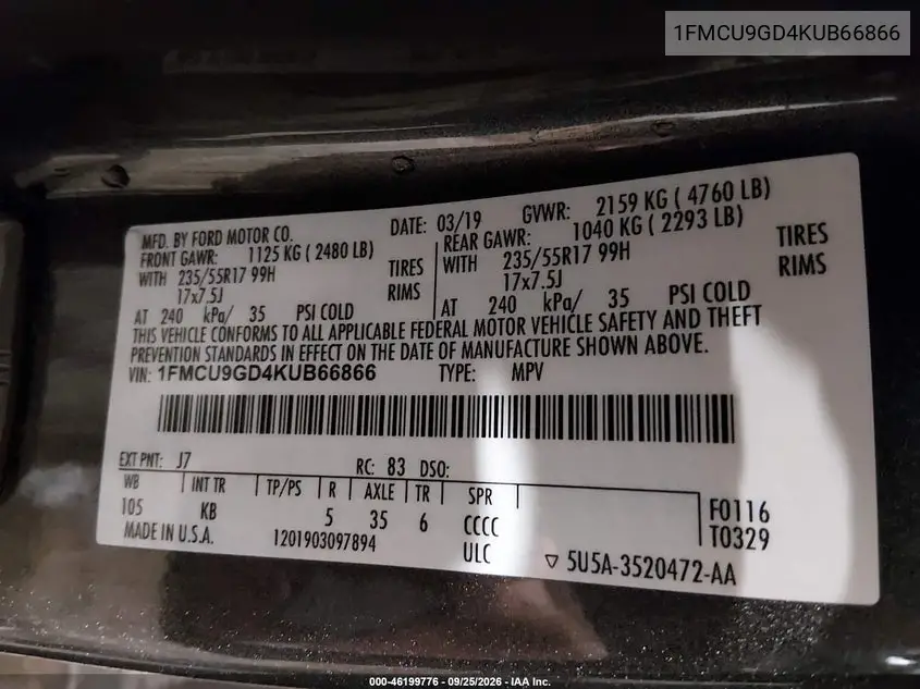 2019 FORD ESCAPE VIN 1FMCU9GD4KUB66866 — фото 9