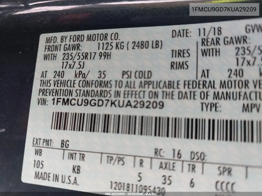 2019 FORD ESCAPE VIN 1FMCU9GD7KUA29209 — фото 9