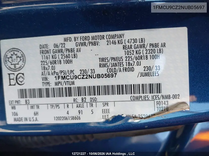 2022 FORD ESCAPE VIN 1FMCU9CZ2NUB05697 — фото 9