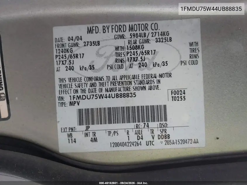 2004 FORD EXPLORER VIN 1FMDU75W44UB88835 — фото 9