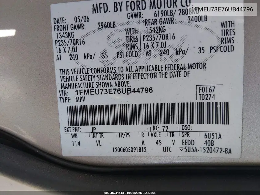 2006 FORD EXPLORER VIN 1FMEU73E76UB44796 — фото 9