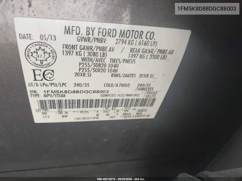 2013 FORD EXPLORER VIN 1FM5K8D88DGC88003 — фото 9