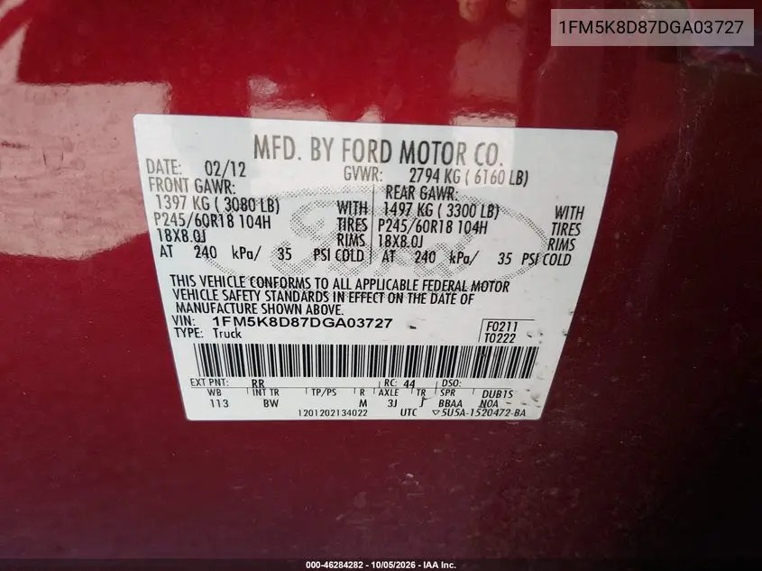 2013 FORD EXPLORER VIN 1FM5K8D87DGA03727 — фото 9
