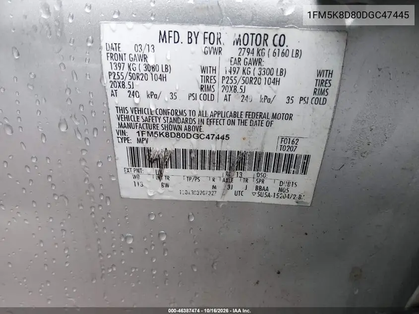 2013 FORD EXPLORER VIN 1FM5K8D80DGC47445 — фото 9