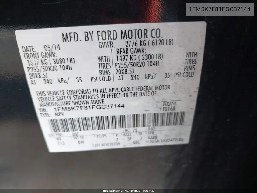 2014 FORD EXPLORER VIN 1FM5K7F81EGC37144 — фото 9