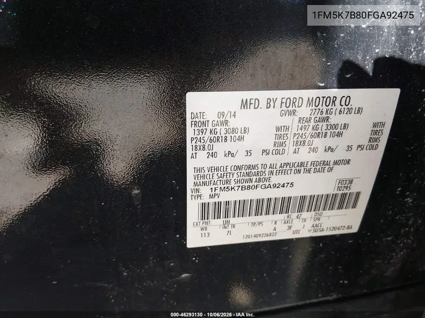 2015 FORD EXPLORER VIN 1FM5K7B80FGA92475 — фото 9