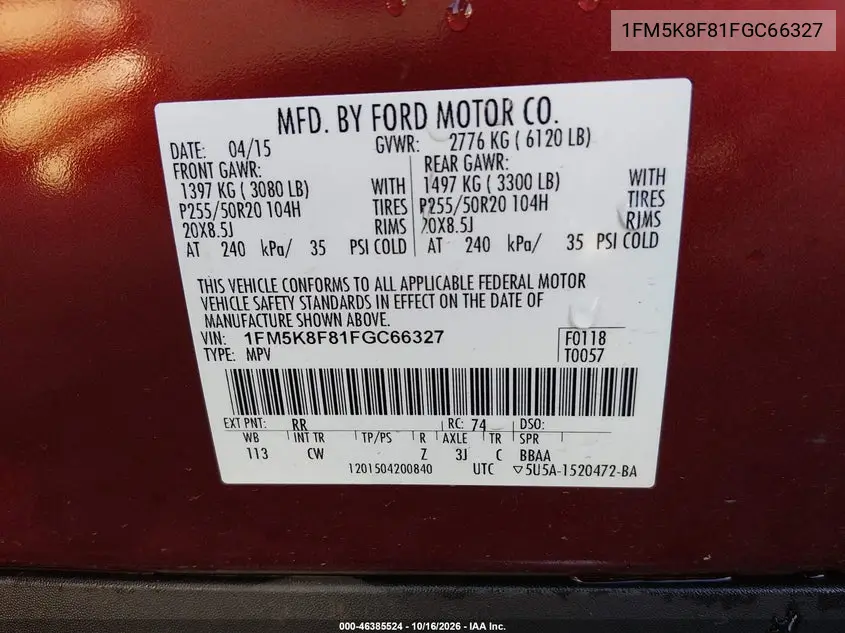 2015 FORD EXPLORER VIN 1FM5K8F81FGC66327 — фото 9