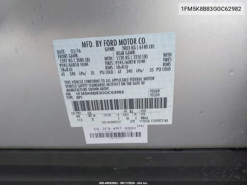 2016 FORD EXPLORER VIN 1FM5K8B83GGC62982 — фото 9