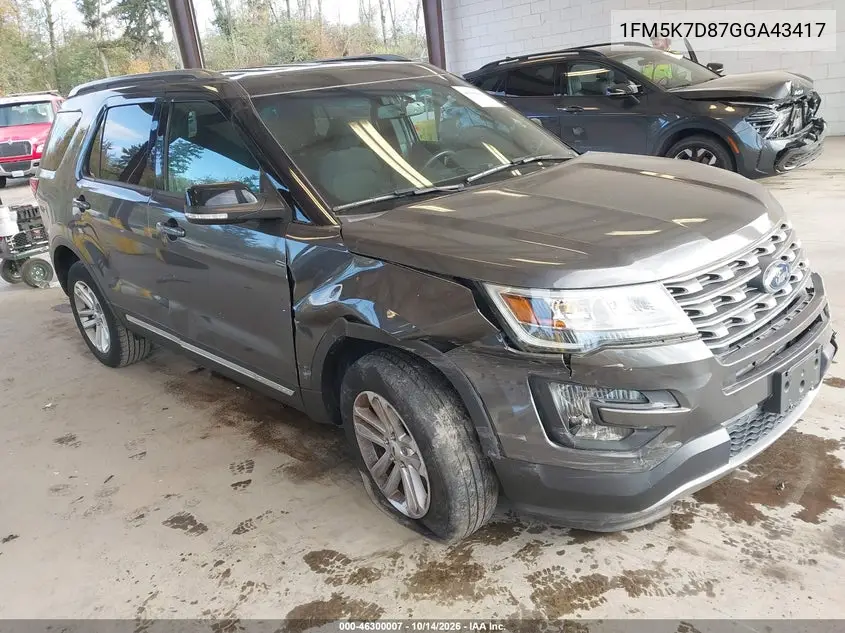 FORD EXPLORER 2016, VIN 1FM5K7D87GGA43417