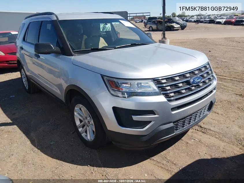 FORD EXPLORER 2016, VIN 1FM5K7B81GGB72949
